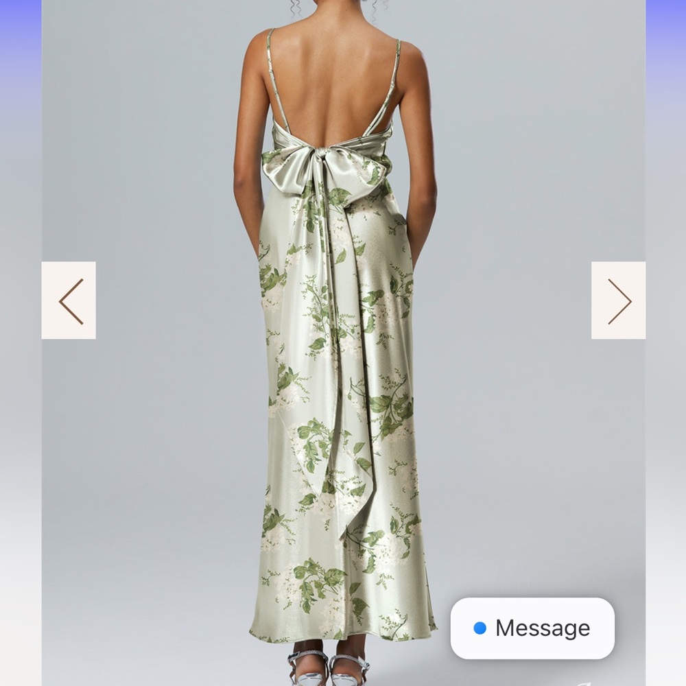 NWT Sage Green Garden Floral Satin Bridesmaid Dress with bow detail, never worn